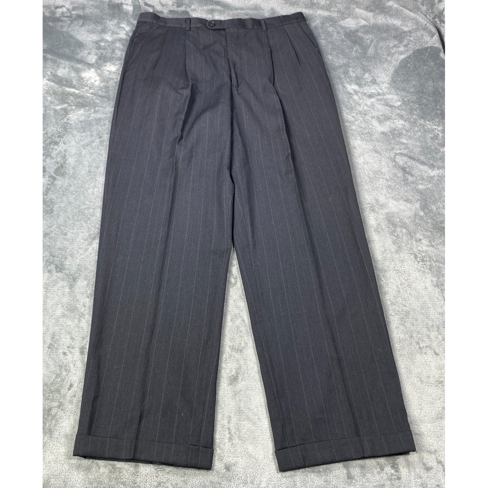 Vintage Hickey Freeman Dress Pants 36x31 Gray Striped Wool Trousers Pleated Cuff